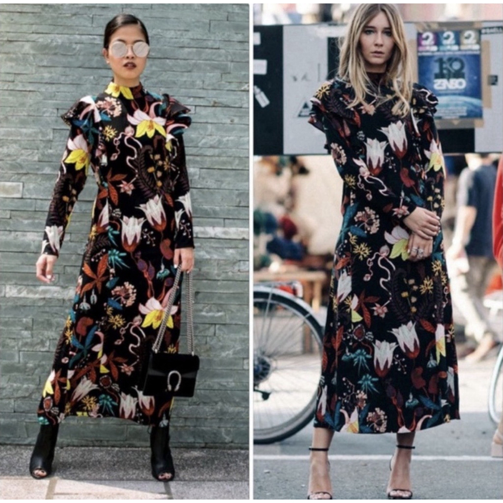 H&M Floral Ruffled Maxi Dress Sz 2 Dark Feminine Boho Autumn Bloggers Favorite - Picture 3 of 16